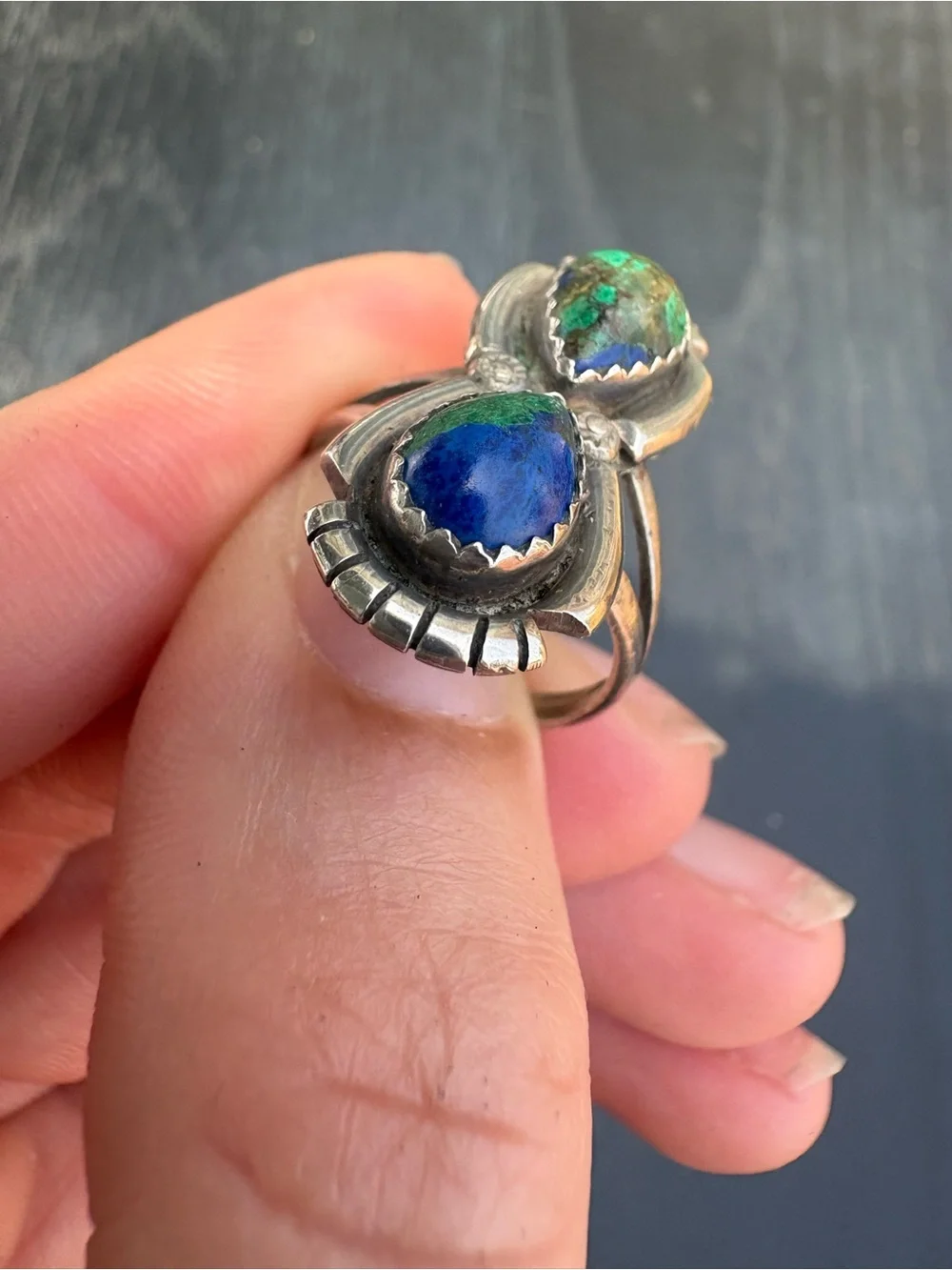 Vintage Native American Inspired Ring with Blue Green Stones - Size 6.75
